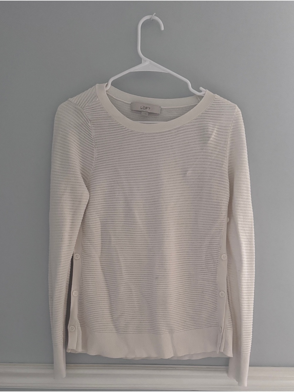 LOFT Cream Textured Crewneck Sweater with Side Buttons